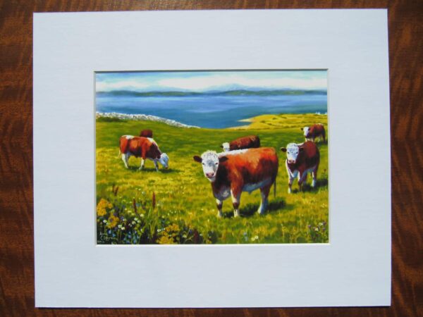 Cattle Grazing by the Sea Print Mounted